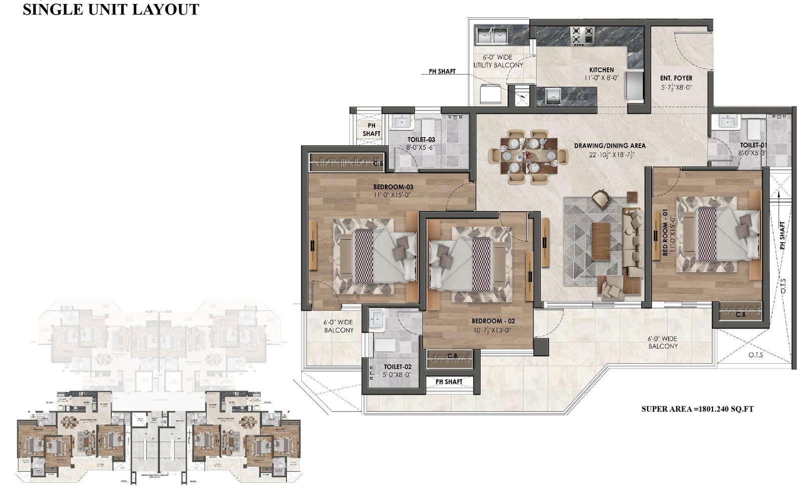 TYPICAL FLOOR PLAN - 3 BHK (1801 SQ.FT.)
